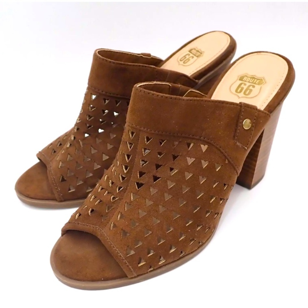 Route 66 Mule Heels Women's Size 6 Brown Open Toe Block Heel Cutout Design